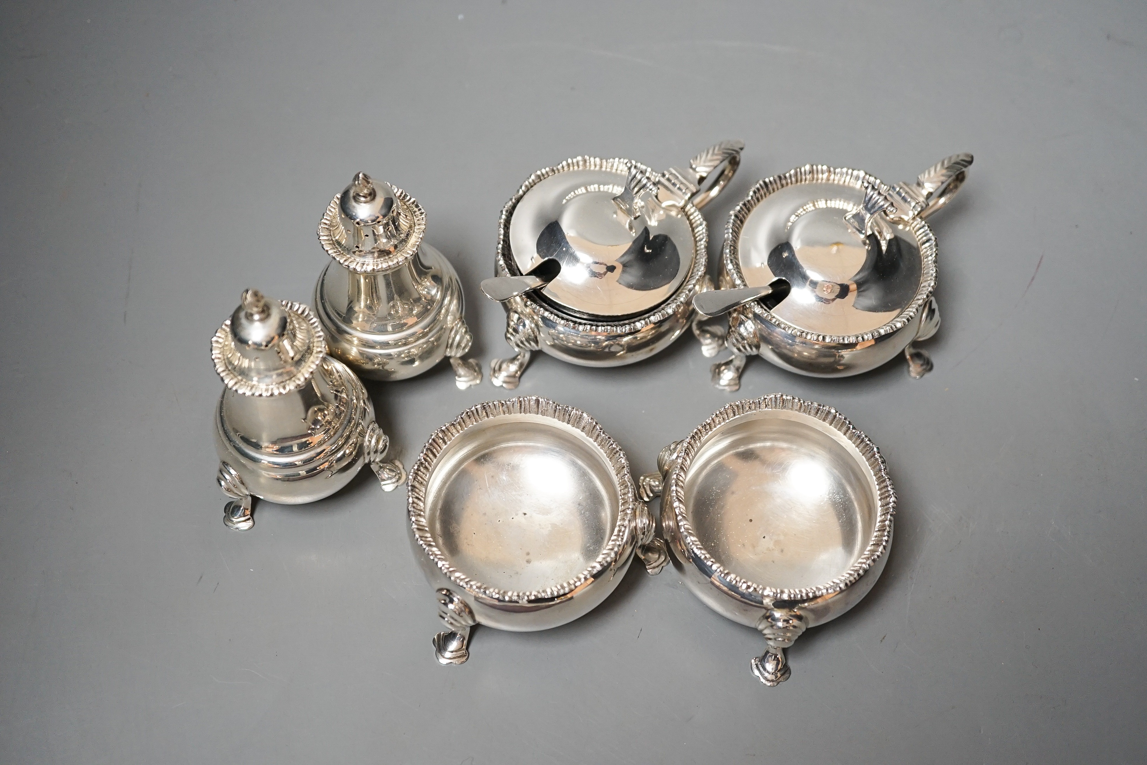 A modern seven piece silver condiment set, J.B. Chatterley & Sons Ltd, Birmingham, 1956/6/7.